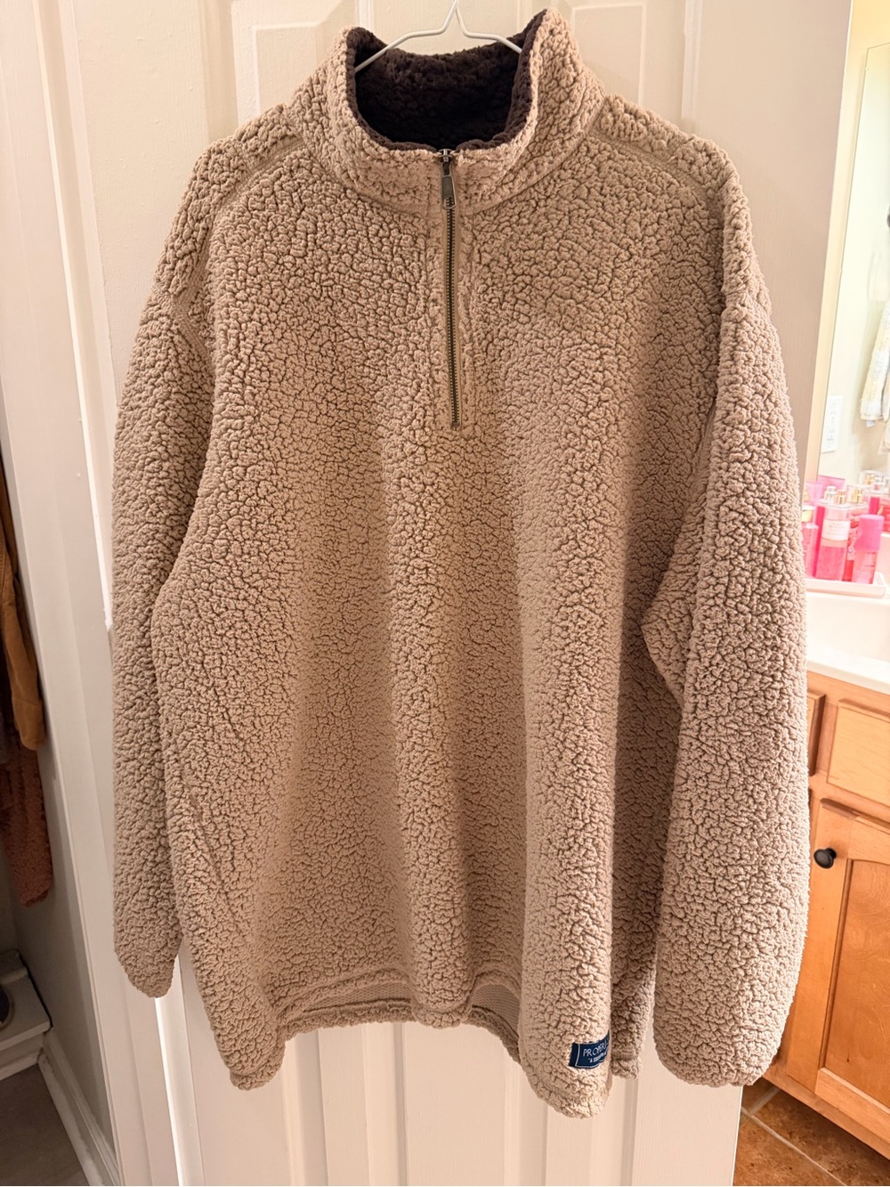 Properly Tied Sherpa Zip-Up Pullover Sweater in Taupe